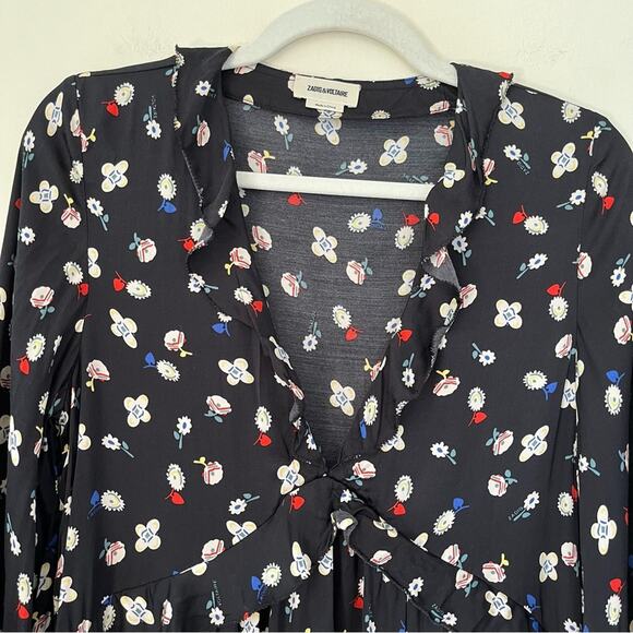 Zadig & Voltaire Reacty Floral Vintage Long Sleeve Slit Ruffle Midi Dress Black - Picture 7 of 12
